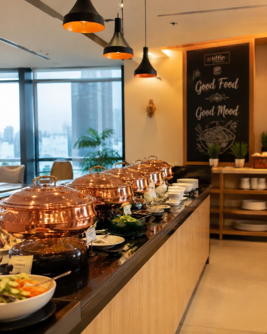 Corporate buffet with copper chafing dishes