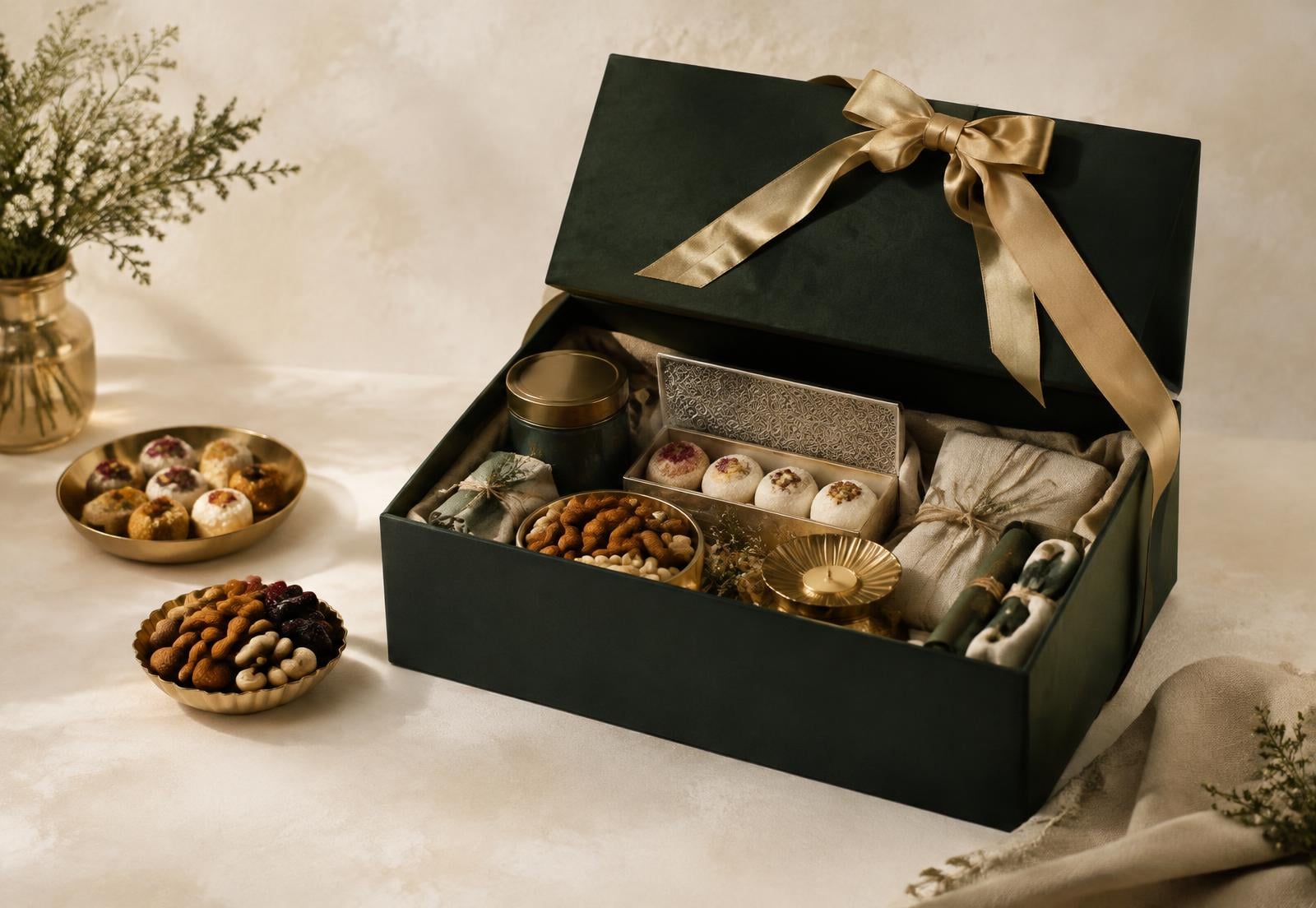 Green gift hamper with gold ribbon