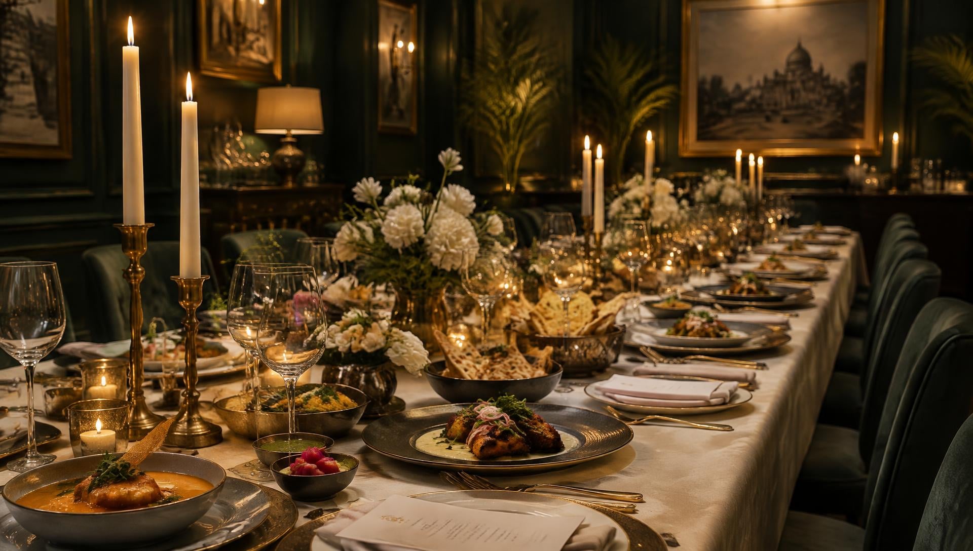 Candle-lit banquet table set with plated Indian cuisine